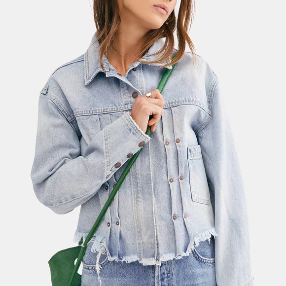 Free People Dillon Cotton Distressed Cropped Denim Jacket Oversize Size XS - Picture 1 of 12